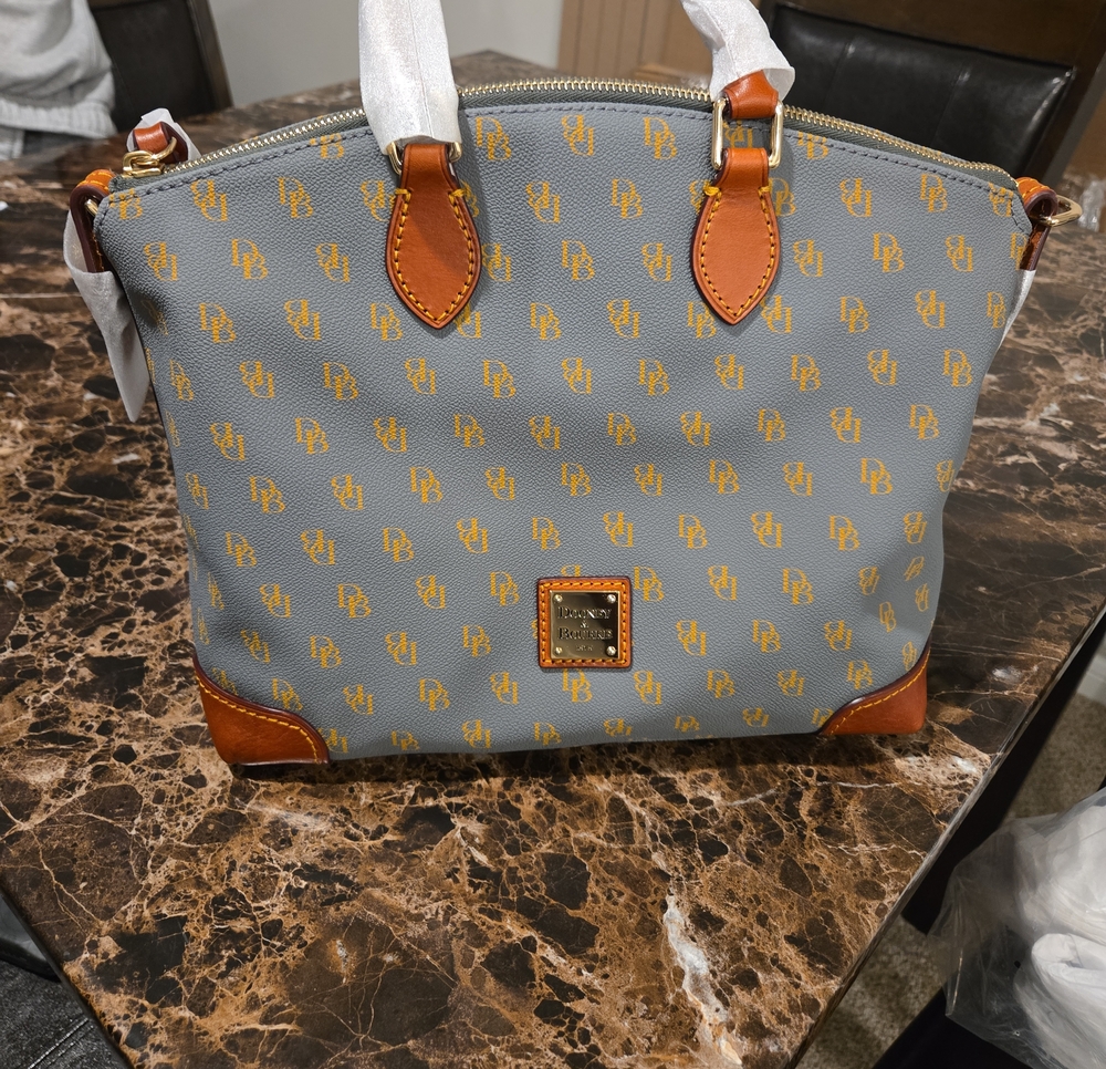 Dooney & Bourke Gray Logo Dome Satchel with Tan Trim